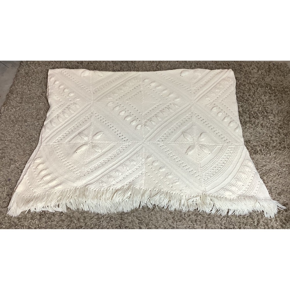Vintage Ivory Handmade Crocheted Afghan Throw Blanket Fringe Beautiful 96x55"